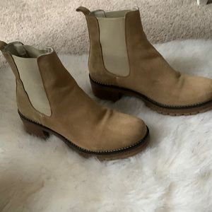 Tan suede rubber lug soles ankle boot.